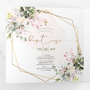 Couronne de Rose Blush Feuillage Aquarelle Bapteme Tri-Fold Invitation