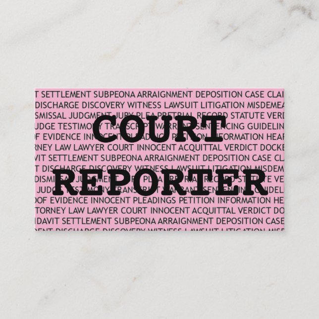 Court Reporter Words Business Card in Pink (Front)