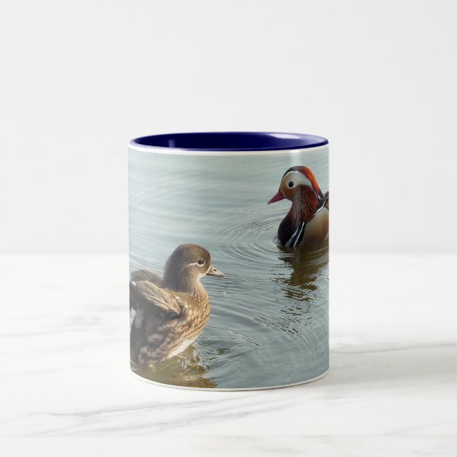 Courting Mandarin ducks Two-Tone Coffee Mug (Center)