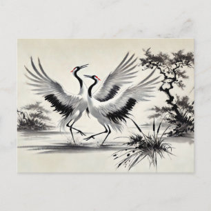 Courtship Dance of Two Cranes in the Marsh Chinese Postcard