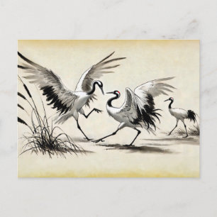 Courtship Dance of Two Cranes in the Marsh Chinese Postcard