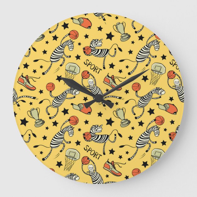 Courtside Doodles: Zebra Basketball Fantasia Large Clock (Front)