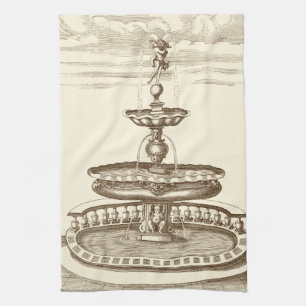 Courtyard Fountain with Ornamental Cherub Tea Towel