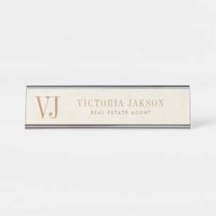 Cousey Light Beige Linen With Tan Monogram Desk Name Plate