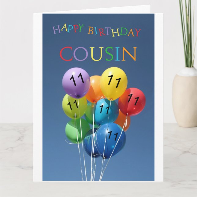 Cousin 11th happy balloon birthday card (Front)