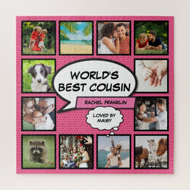 Cousin 12 Photo Collage Comic Book Fun Pink Jigsaw Puzzle (Vertical)