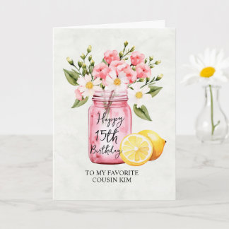 Cousin 15th Birthday Floral Jar Pink Greeting Card