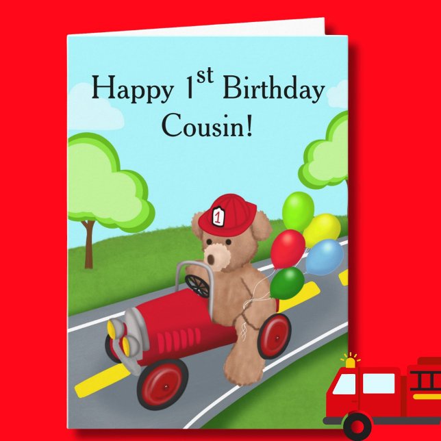Cousin 1st Birthday Teddy Bear Firetruck Card (Creator Uploaded)