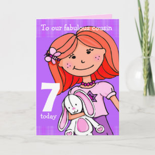 Cousin 7 birthday card "Girlie cuddles" purple