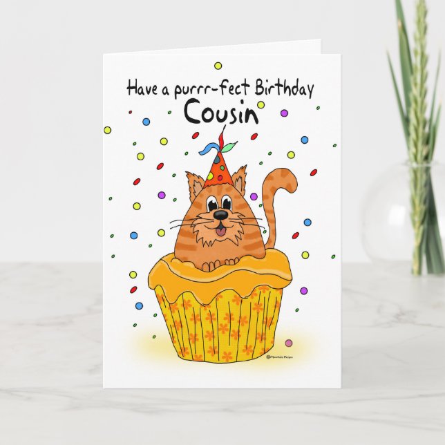cousin birthday card with ginger cupcake cat (Front)