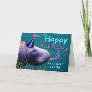 Cousin Birthday Cute Manatee at Party Card