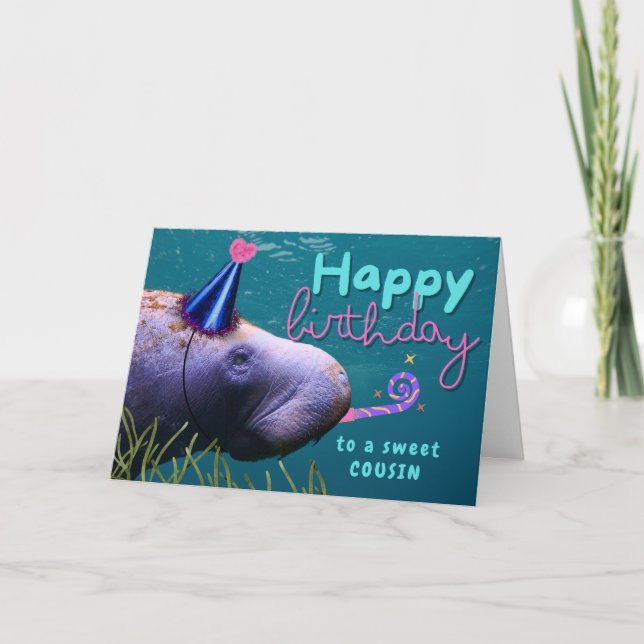 Cousin Birthday Cute Manatee at Party Card (Front)