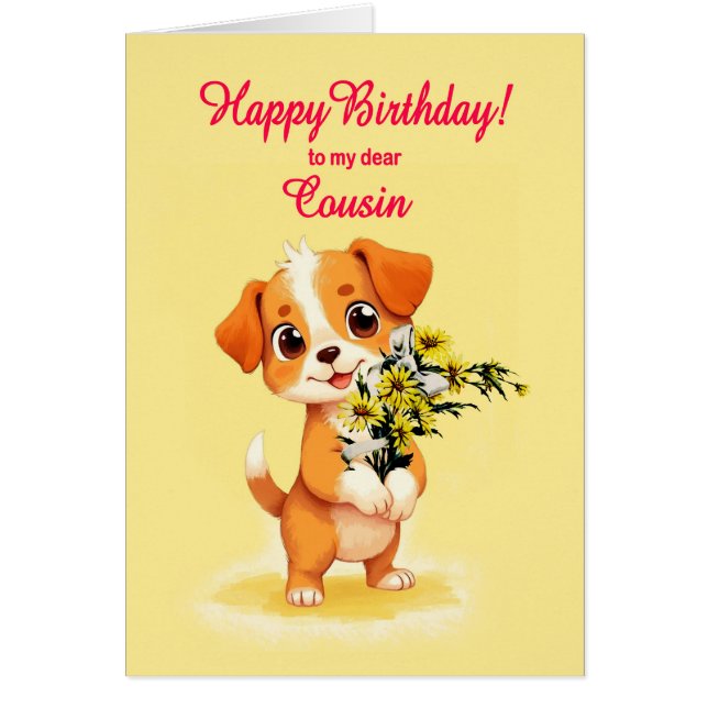 Cousin Birthday Puppy and Flowers  (Front)