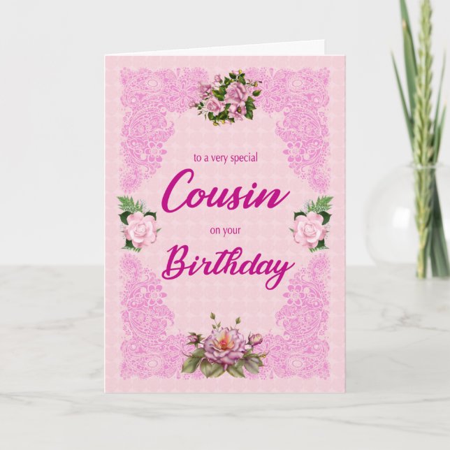 Cousin Birthday with Pink Roses Card (Front)