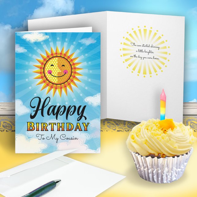 Cousin Birthday Yellow Orange Smiling Sun Card (Creator Uploaded)
