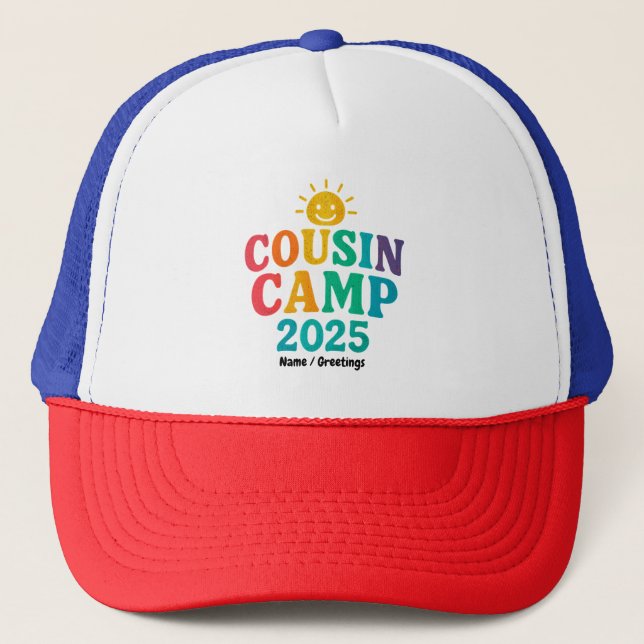 Cousin Camp 2025 Summer Vacation Fun Camping  Trucker Hat (Front)