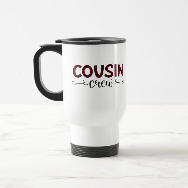 Cousin Crew Buffalo Plaid Pattern Christmas Travel Mug (Left)