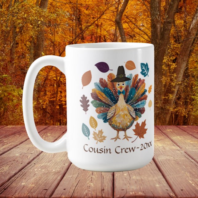 Cousin Crew Pilgrim Turkey Thanksgiving Coffee Mug (Turkey "cousin crew" mug for Thanksgiving family get togethers)