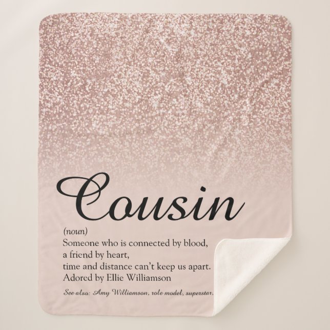 Cousin Definition Script Rose Gold Glitter Sherpa Blanket (Front)