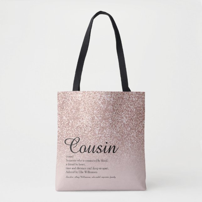 Cousin Definition Script Rose Gold Glitter Tote Bag (Front)