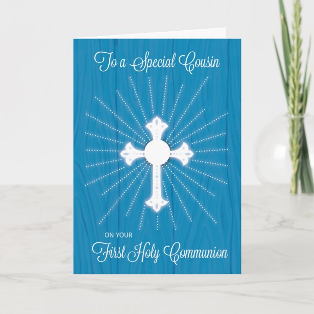 Cousin First Communion Cross and Rays on Blue Wood Card (Front)