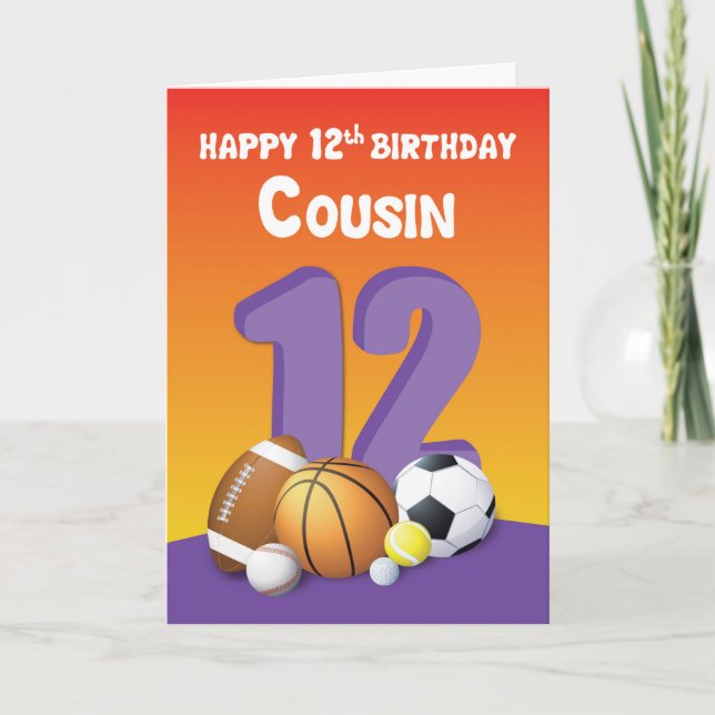 Cousin Girl 12th Birthday Sports Balls Card (Front)