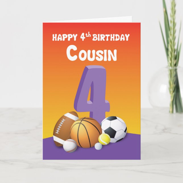 Cousin Girl 4th Birthday Sports Balls Card (Front)