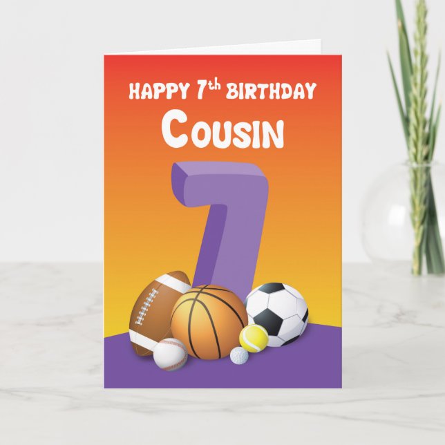 Cousin Girl 7th Birthday Sports Balls Card (Front)