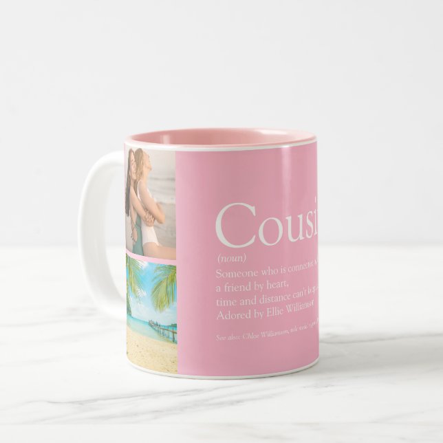 Cousin Girly Pink Photo Collage Fun Definition Two-Tone Coffee Mug (Front Left)
