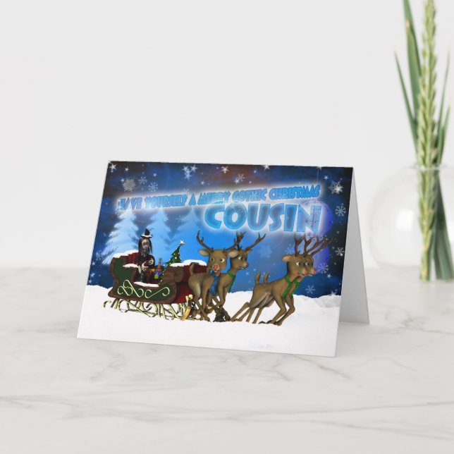 Cousin Gothic Christmas Card, H.I.P. And Reindeer Holiday Card (Front)