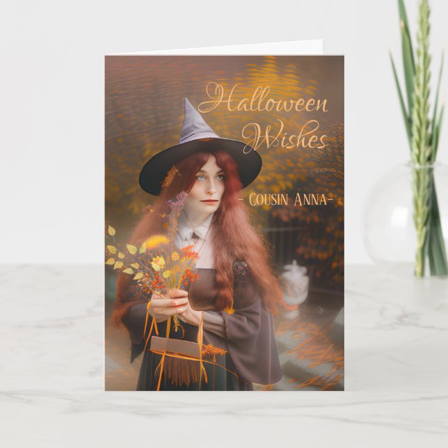 Cousin Halloween Wishes Witch and Autumn Bouquet Card (Front)