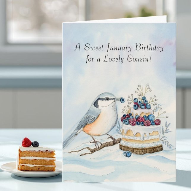 Cousin Happy January Birthday Red Breasted Bird Card (Creator Uploaded)