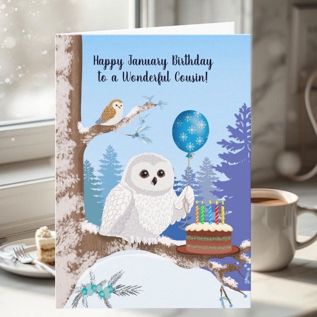 Cousin Happy January Birthday Snowy Owl Card (Creator Uploaded)
