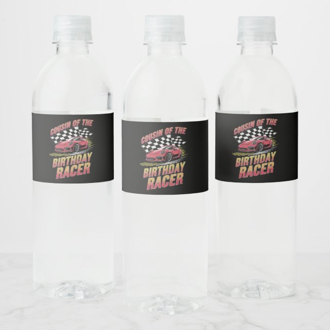 Cousin Of The Birthday Racer Racing Family Party  Water Bottle Label (Bottles)