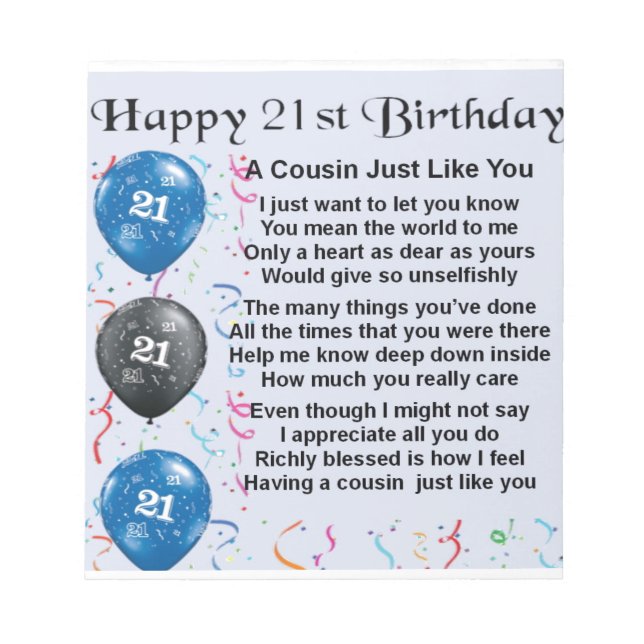 Cousin Poem 21st Birthday Notepad (Front)
