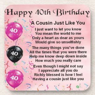 Cousin poem - pink - 40th birthday coaster
