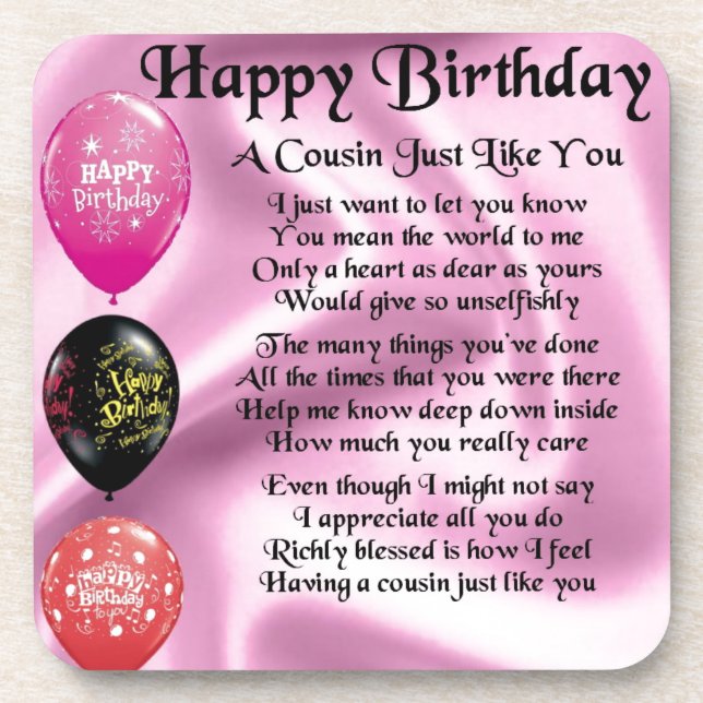 Cousin poem - pink - Happy Birthday Coaster (Front)