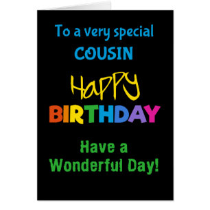 Cousin Rainbow Colours on Black Birthday Card