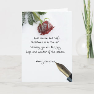 Cousin & wife christmas letter on snow rose paper holiday card