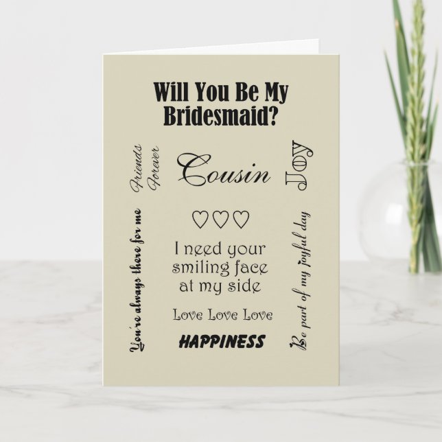 Cousin, Will You Be My Bridesmaid? Beige Invitation (Front)