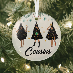 Cousins! Black Women, Black Christmas Tree Glass Decoration