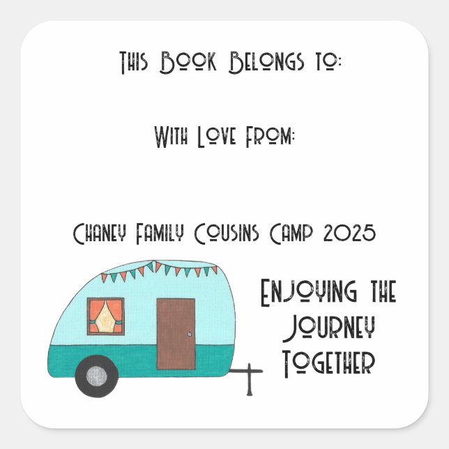 Cousins Camp Retro Camper Bookplate Square Sticker (Front)
