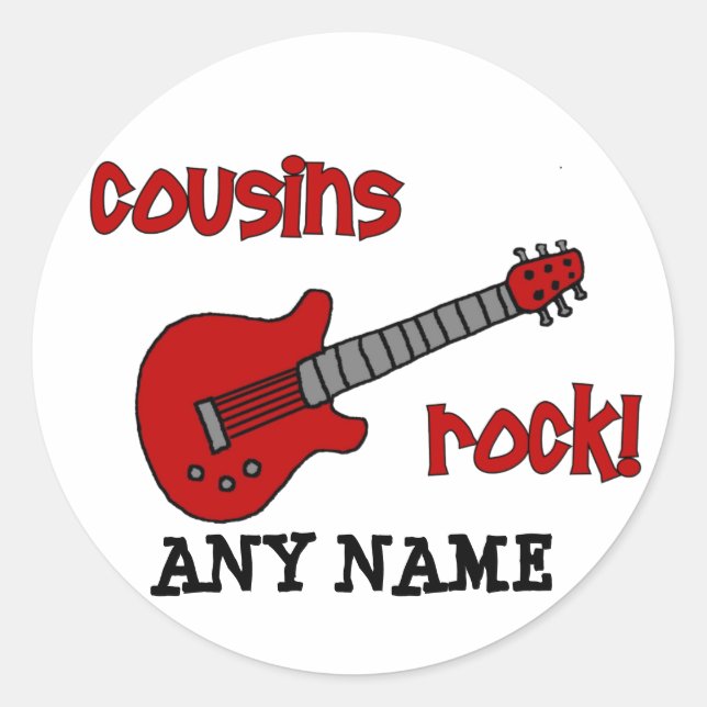 Cousins Rock! with Red Guitar Classic Round Sticker (Front)