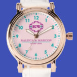 Coustom couple names elegant monogram pink watch<br><div class="desc">Personalized watch with the names of the bride and groom or the couple in love. This watch can be customized by changing the text with the name of the loved one or the wedding date. It can be an ideal gift for newlyweds or for silver or golden wedding anniversaries. Monogram...</div>