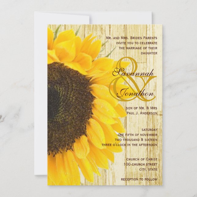 Coutry Chic Barn Wood Sunflower Wedding Invitation (Front)