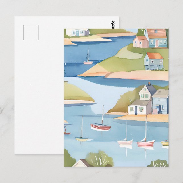 Cove of Boats | Modern Watercolor Painting Postcard (Front/Back)