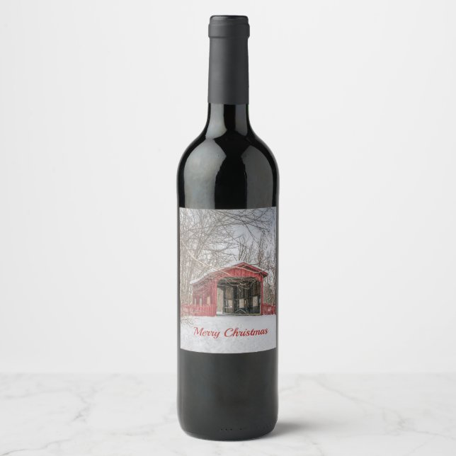 Covered Bridge Red Snow Photo Christmas Wine Label (Front)