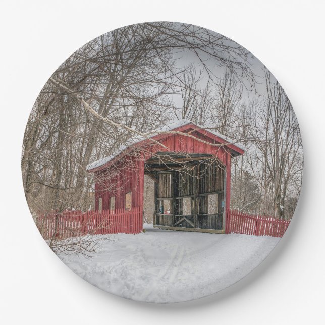 Covered Bridge Red Snow Photo Paper Plate (Front)