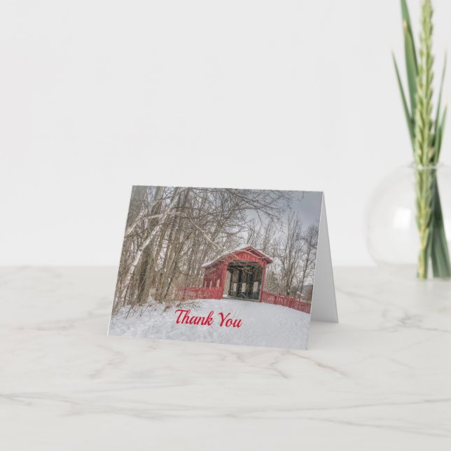 Covered Bridge Red Snow Photo Thank You Card (Front)