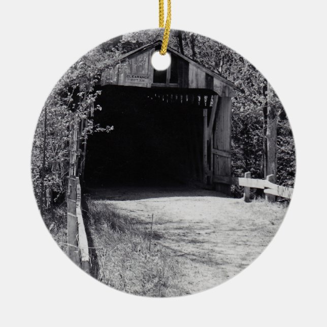 Covered Bridge & River Circle Ceramic Tree Decoration (Front)